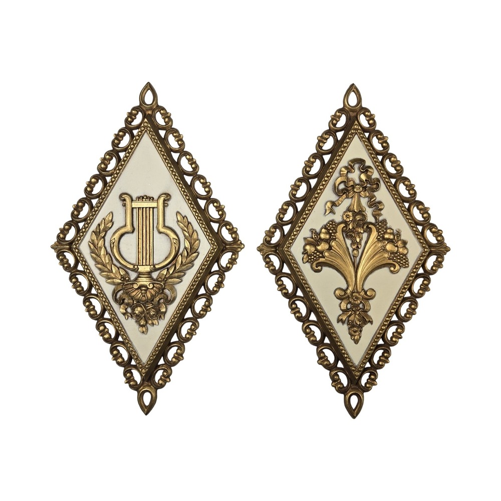 Vintage 70s Homco Gold Diamond Wall Plaques Decor Lyre Fleur De Lis Set of 2 MCM